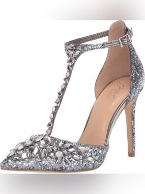 Jewel Badgley Mischka Silver Crystal T-Strap Pointed Toe Pump